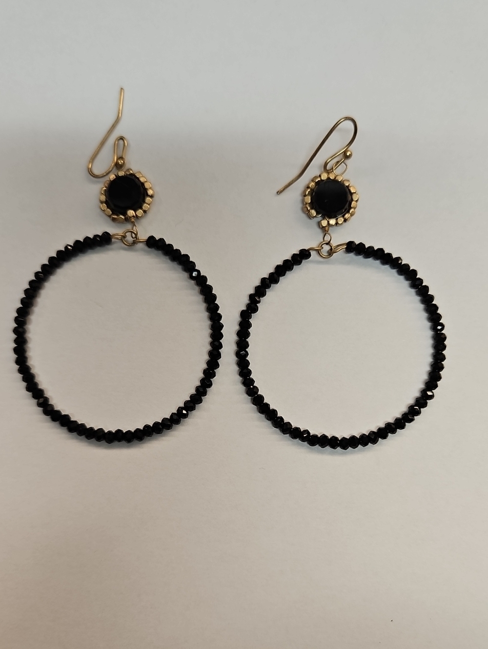 Gold Hoop Drop Earrings with Black Beads